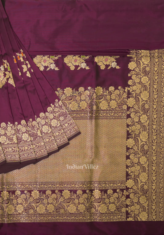 Dark Purple Floral Motif Designer Meenakari Banarasi Silk Saree