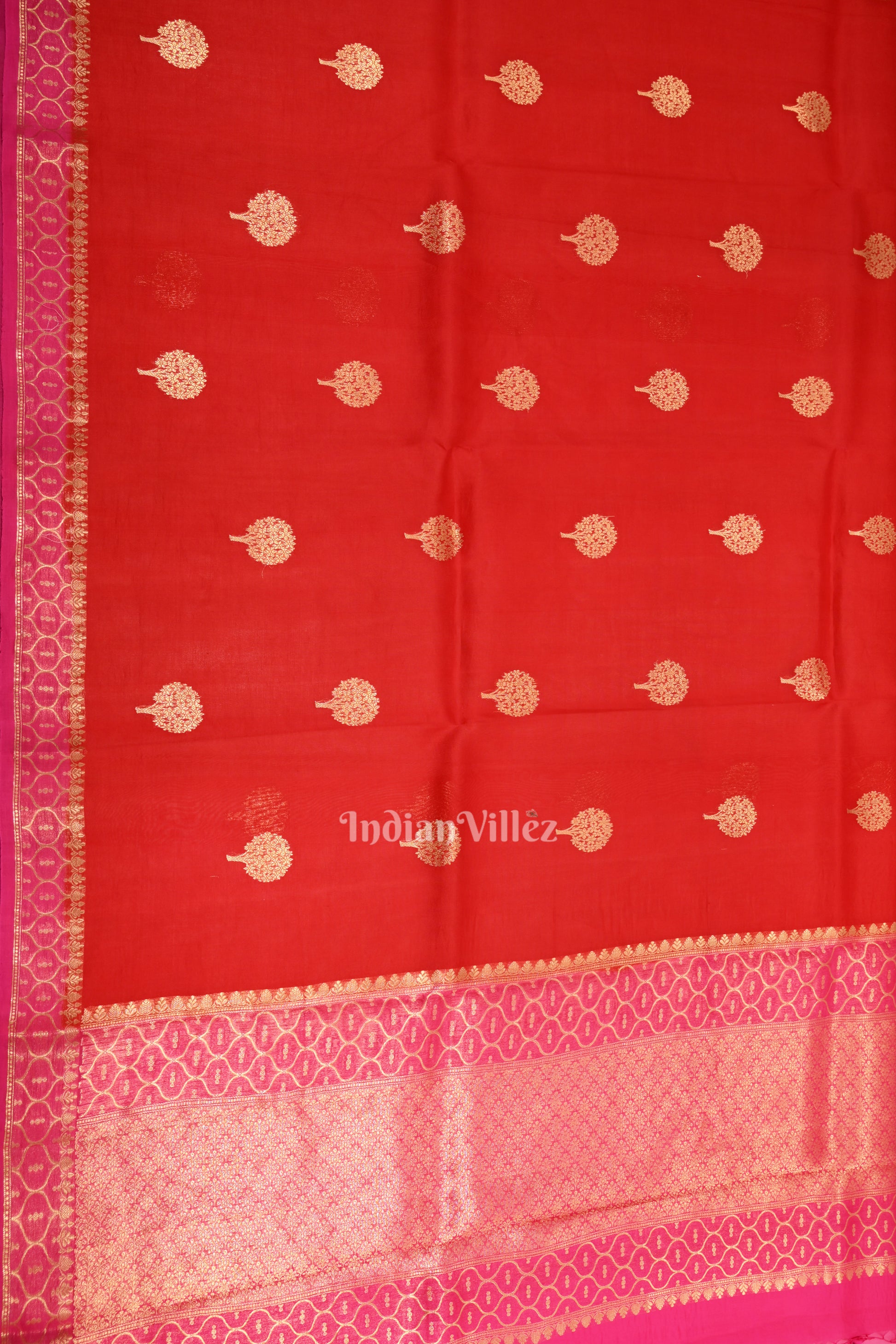 Pure Red Kora Banarasi Tissue Saree With Floral Handwork