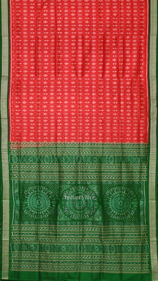  Deep Red Green Tribal Theme Sambalpuri Silk Saree 