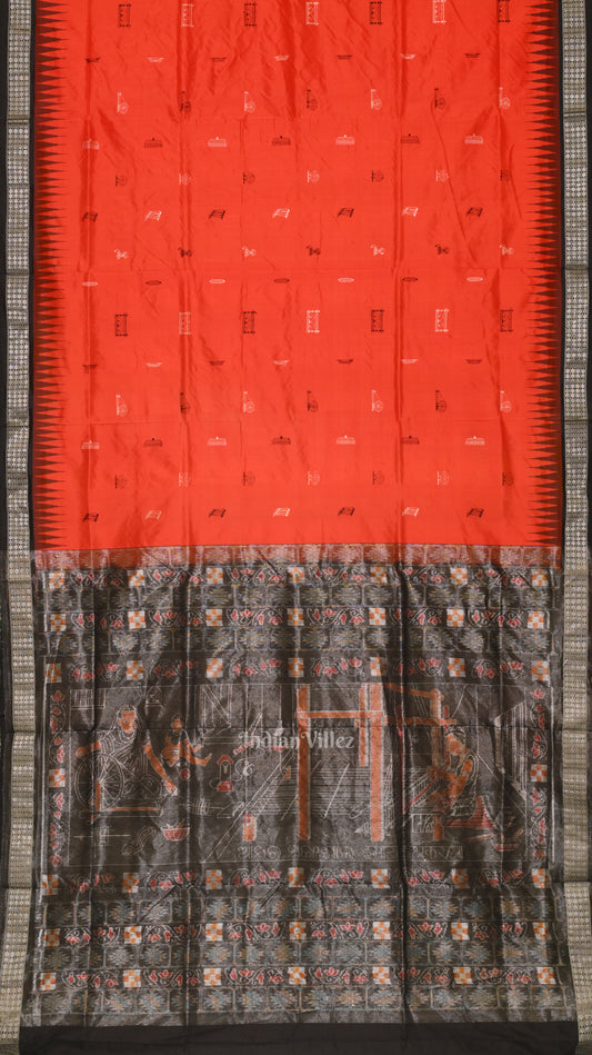 Orange Black Bomkai Sambalpuri Silk saree 