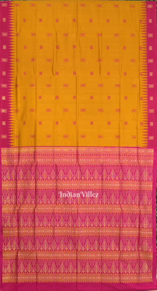 Golden Yellow Pink Flower Box Design Bomkai Sambalpuri Silk Saree