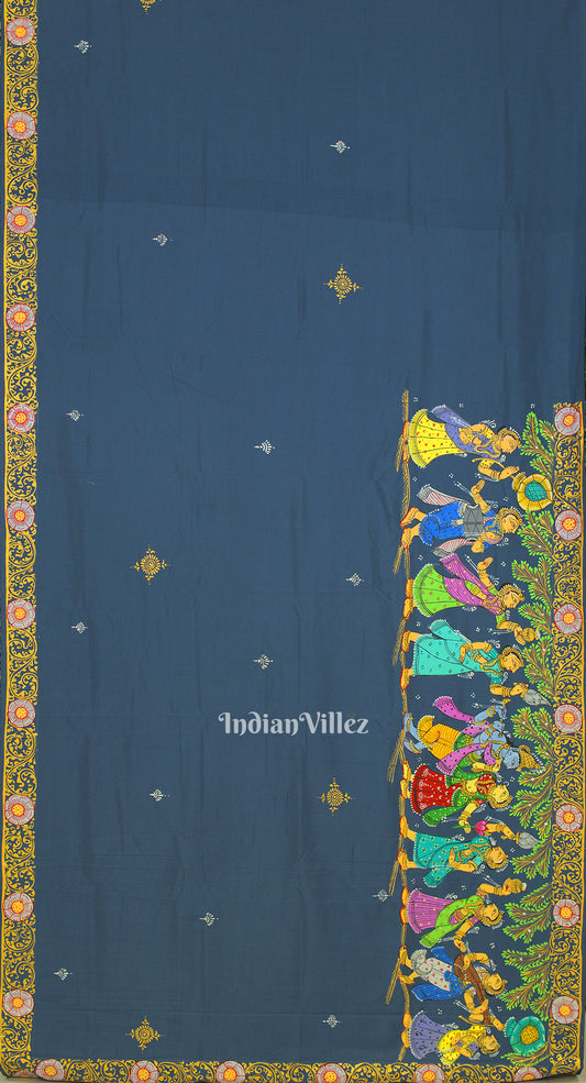 Peacock Blue Radha Krishna Boita Pattachitra Silk Saree