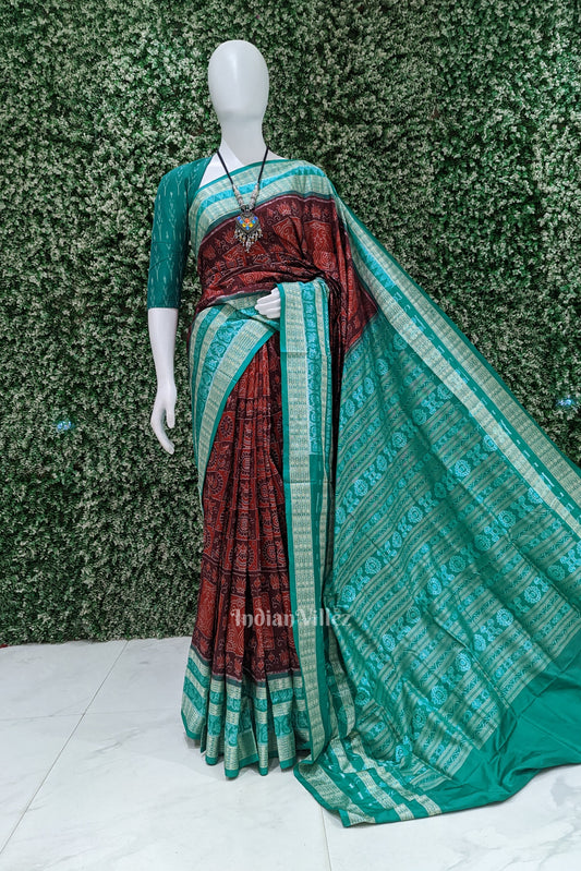 Wine Pine Green Lotus & Kalas Sambalpuri Silk Saree with Fish Motif in Border