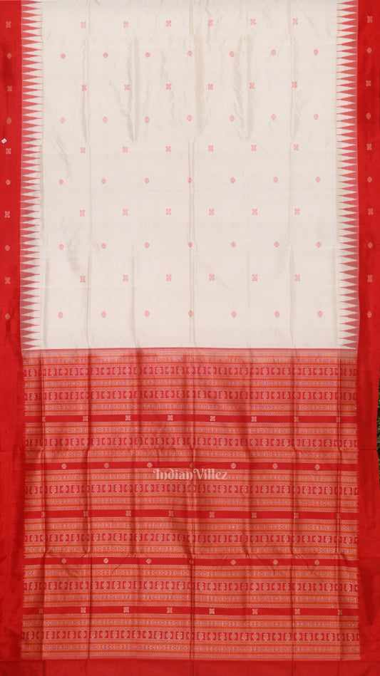 Pure White Red Buti pattern Bomkai Sambalpuri Silk Saree 