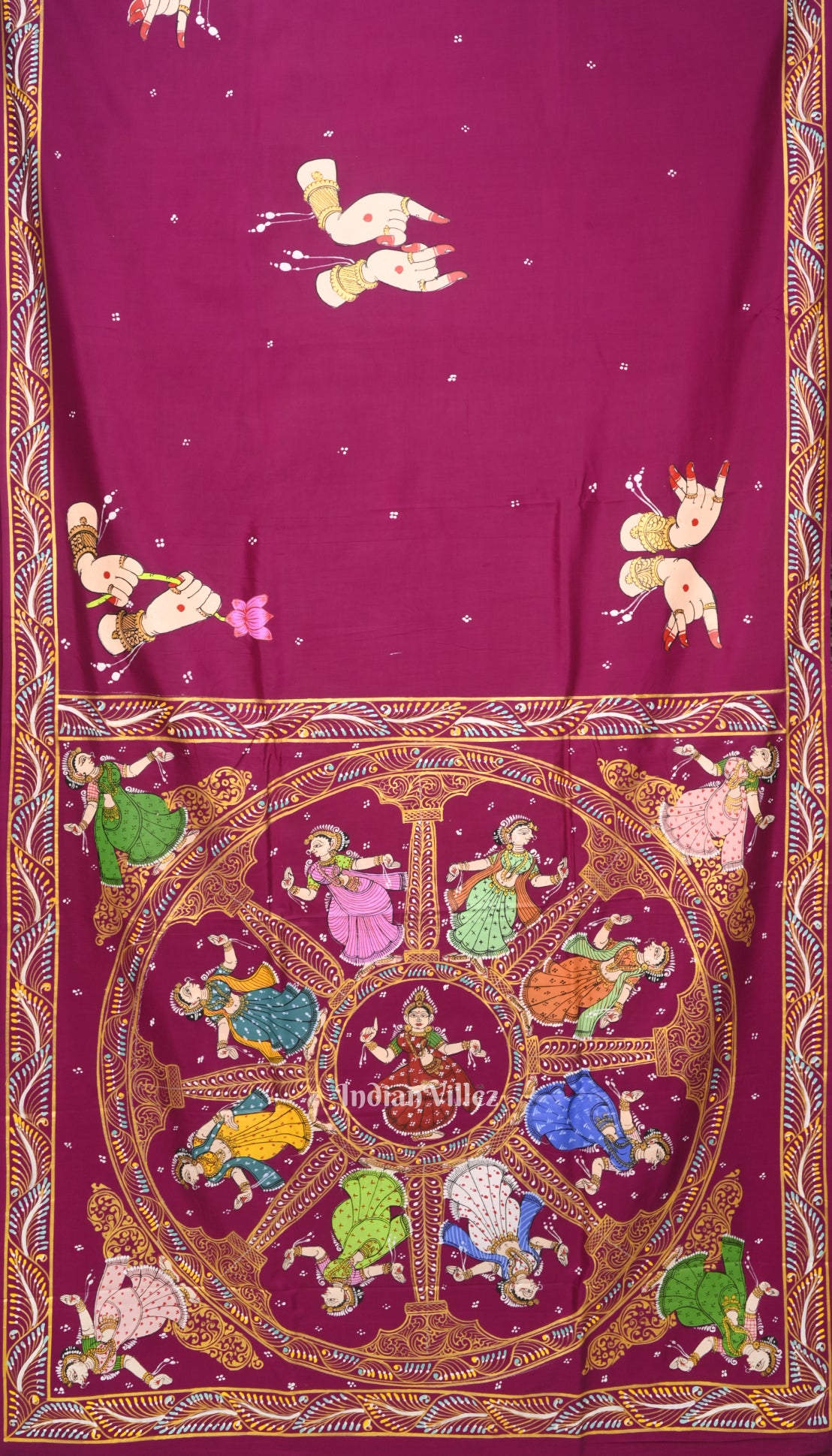 Maroon Chandua Theme Hand-Painted Pattachitra Saree