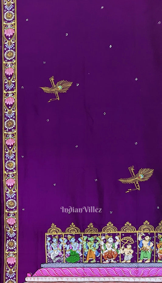 Purple Shree Jagannath Theme Pattachitra Silk Saree