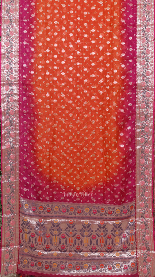 Bright Orange Pink Bandhini Banarasi Kota Saree with Paithani Border