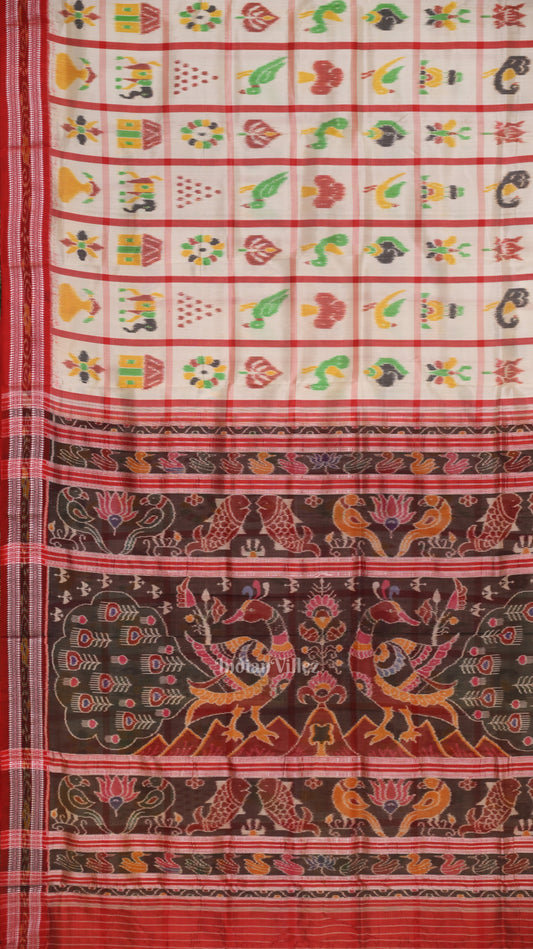 White Red Nabakothi Theme Odisha Ikat Khandua Silk Saree