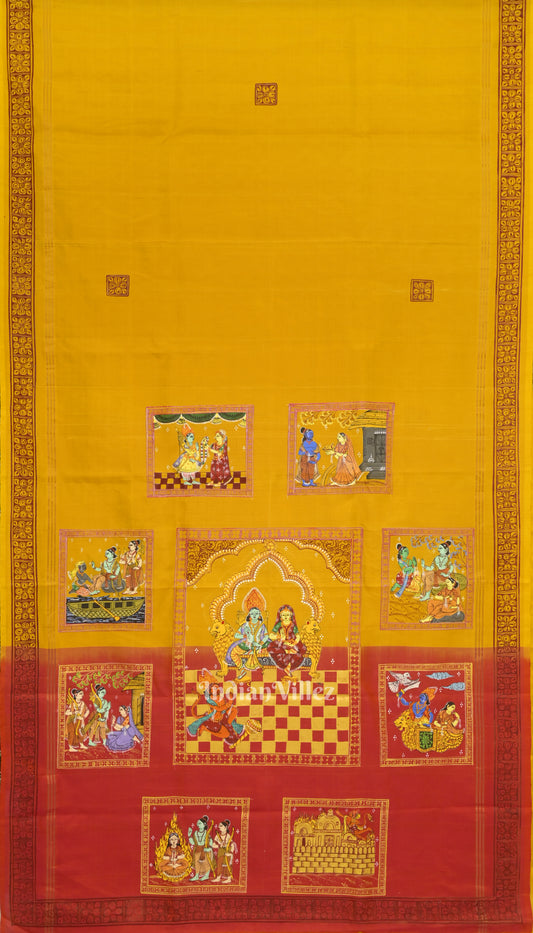 Yellow Ramayan Theme Hand-Painted Pattachitra Saree