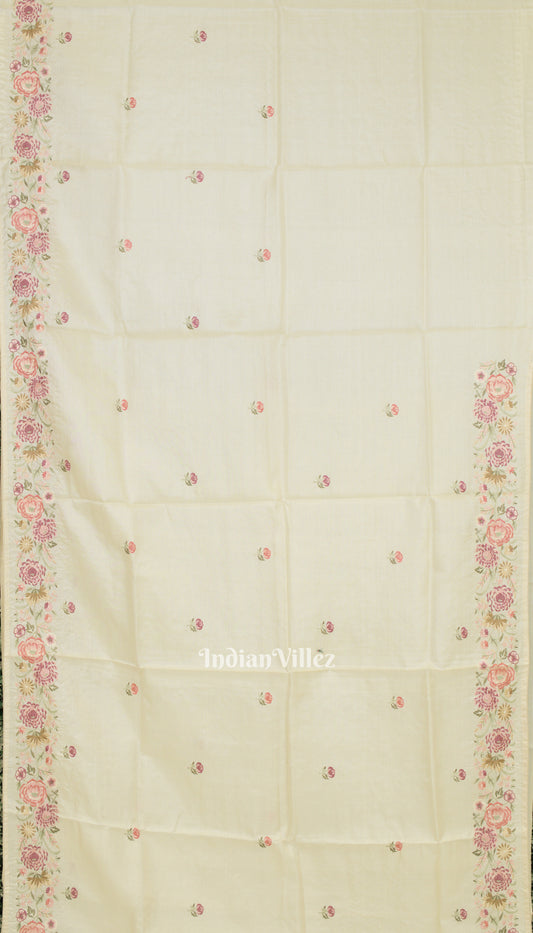 White Tussar Floral Motif Hand Embroidered Saree