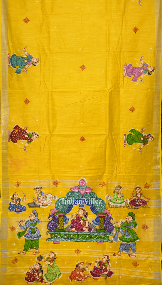 Yellow Palki Theme Hand-Painted Pattachitra Linen Saree With Zari Border