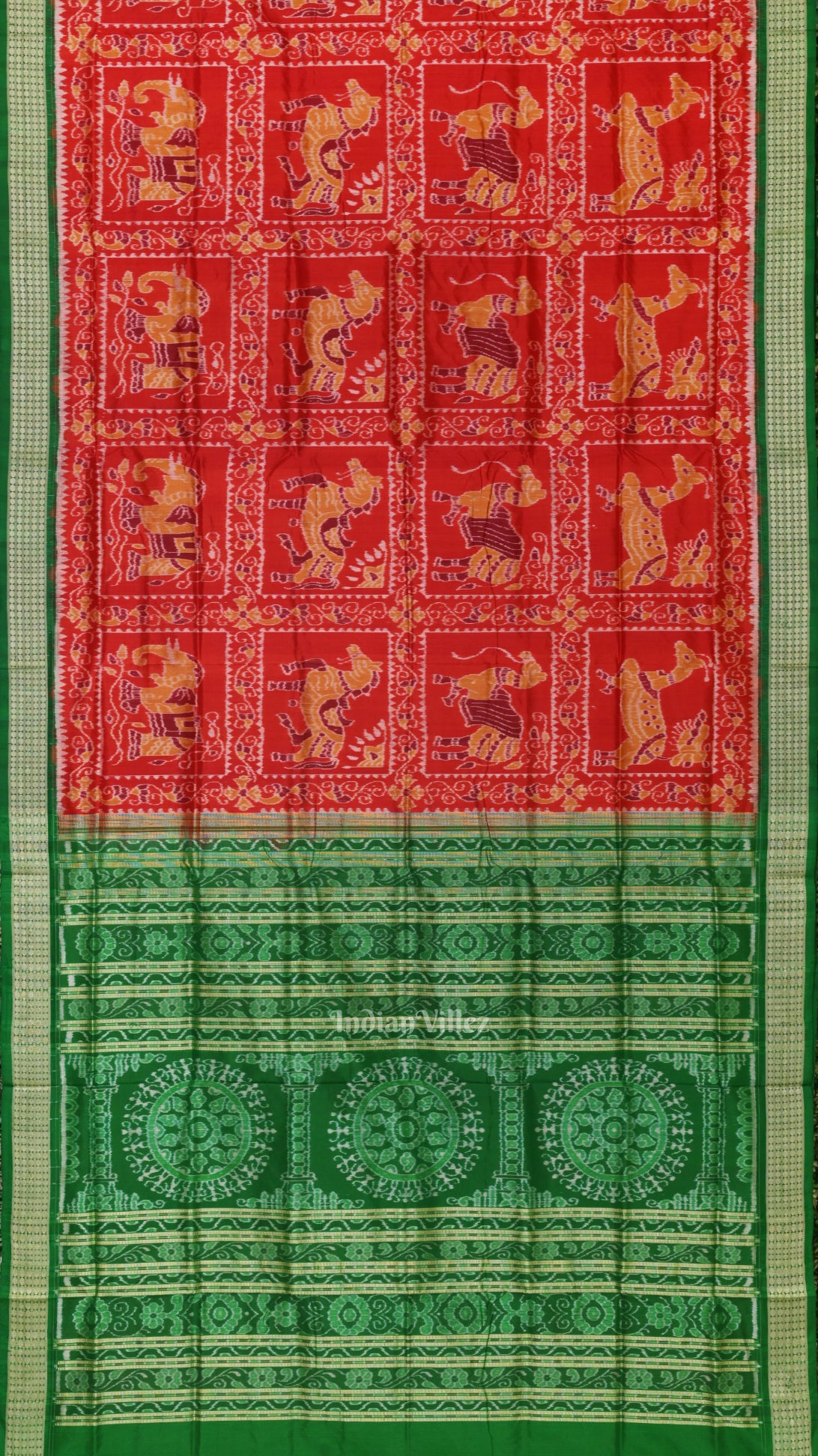 Red Green Animal Theme Sambalpuri Silk Saree