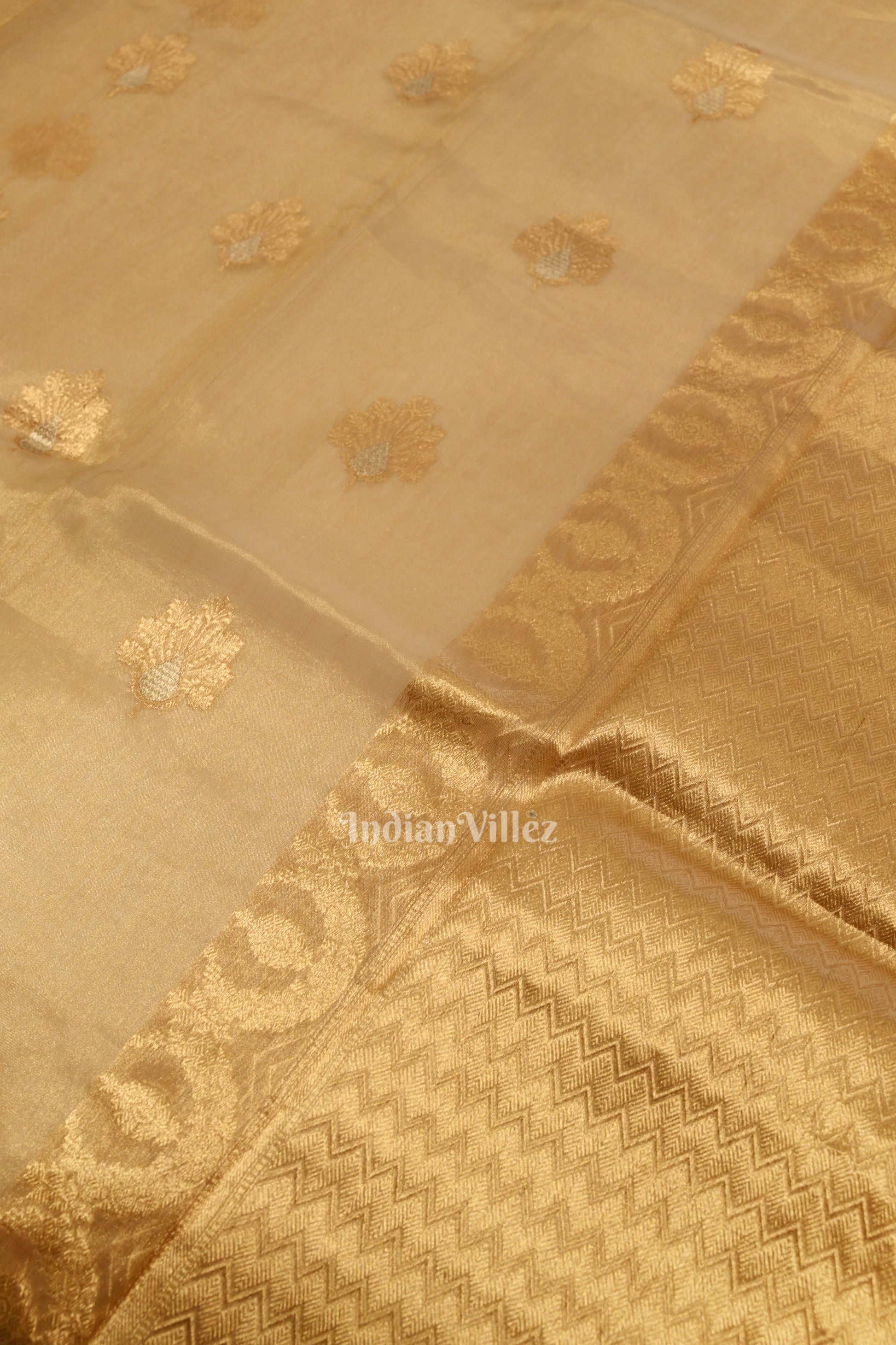 Golden Pure Banarasi Organza Silk Sare