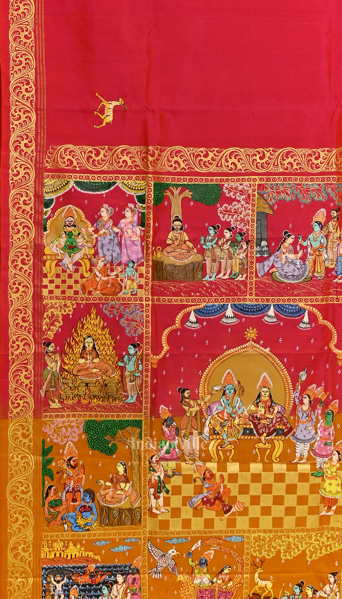 Rani Pink with orange Ramayan Theme Hand-Painted Pattachitra Saree 