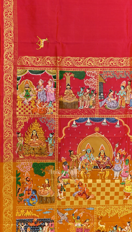 Rani Pink with orange Ramayan Theme Hand-Painted Pattachitra Saree 