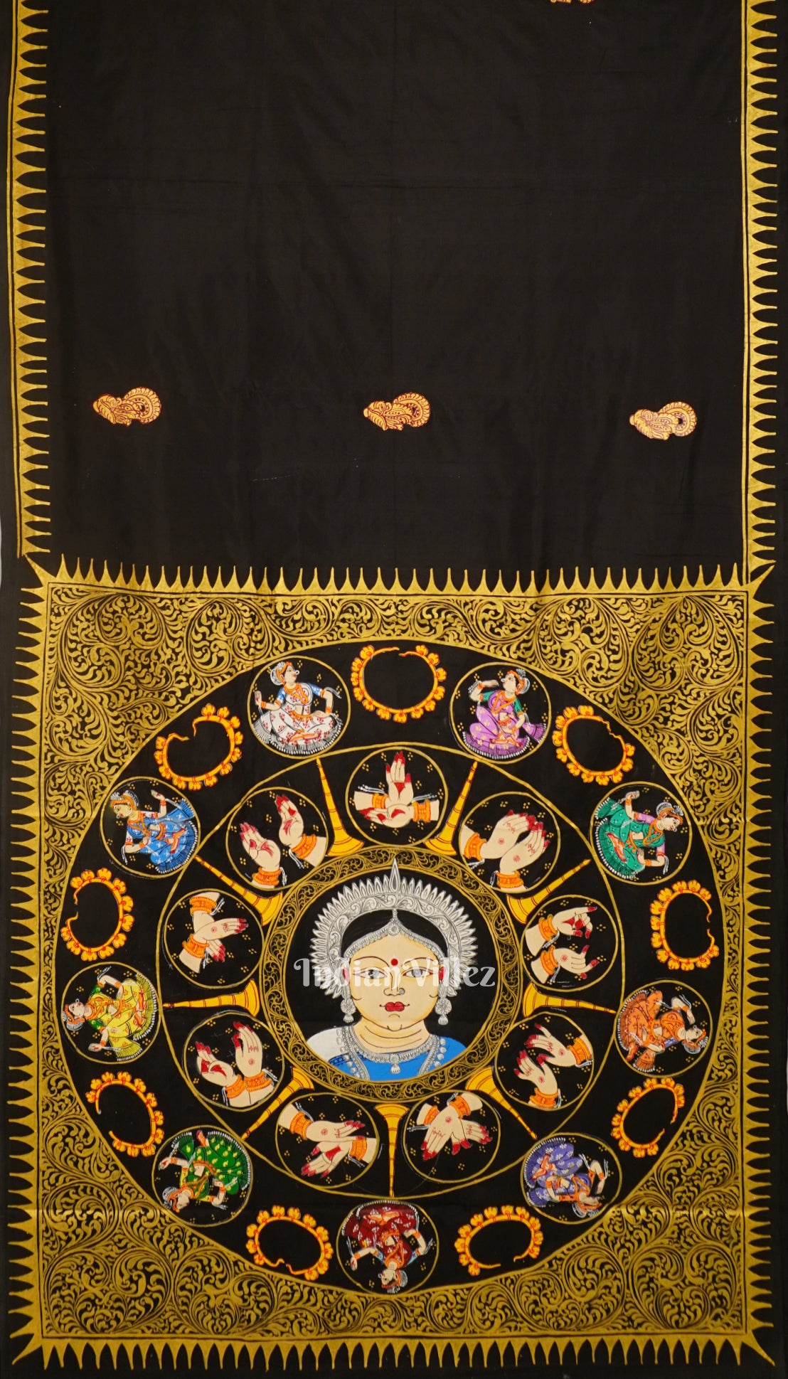 Black Nartaki Mudra Theme Pattachitra Silk Saree