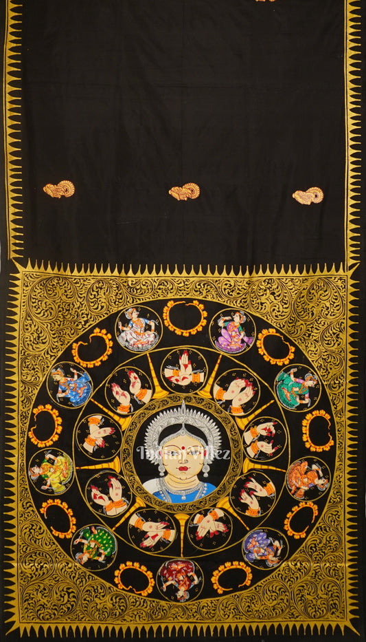 Black Nartaki Mudra Theme Pattachitra Silk Saree