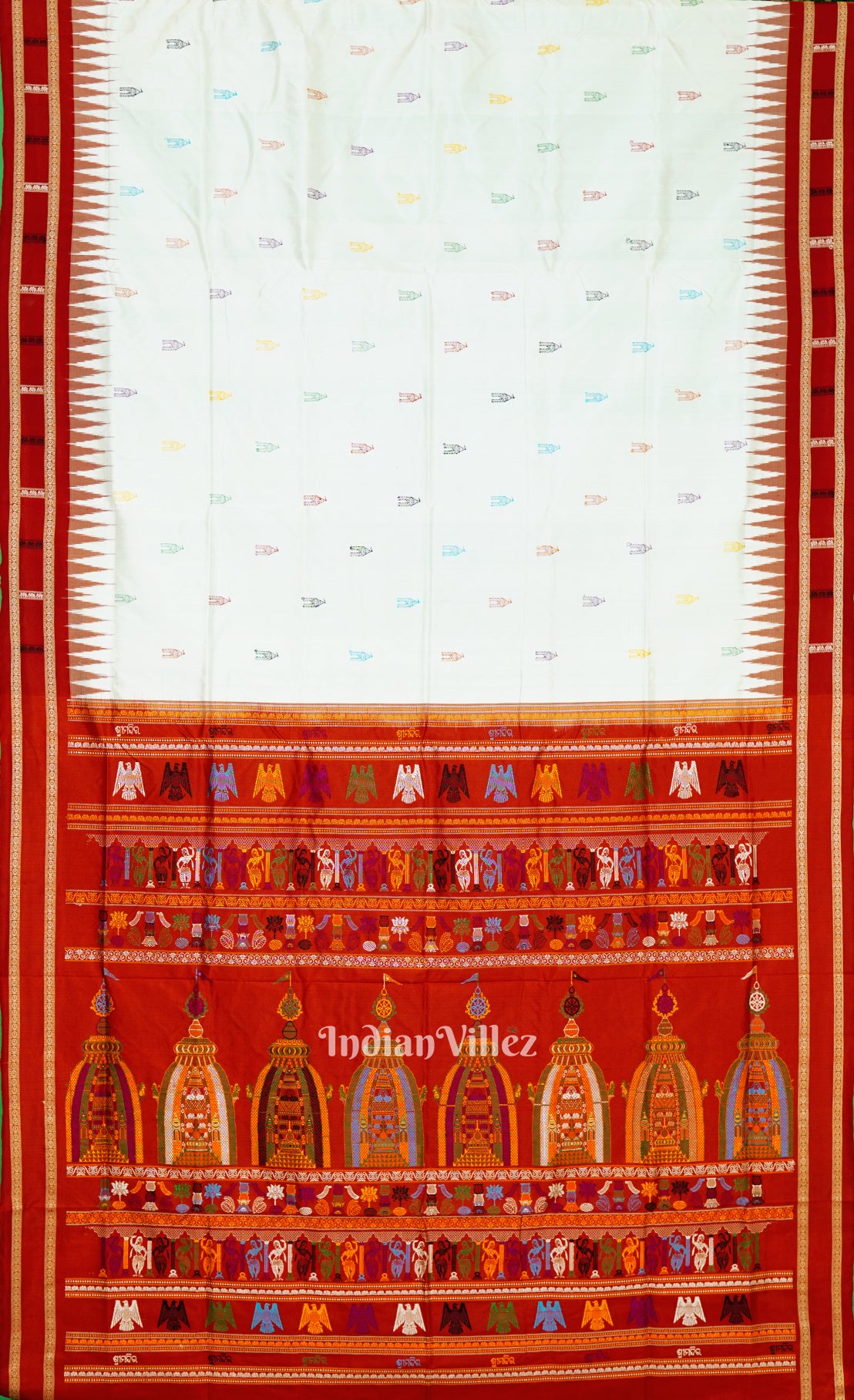 White Red Shreemandir Theme Sambalpuri Ikat Silk Saree