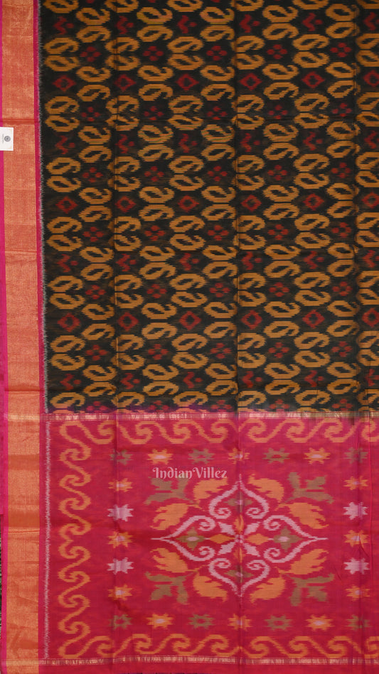 Black Pink Pochampally Ikat Sico (Silk & Cotton) Saree with Zari Border 