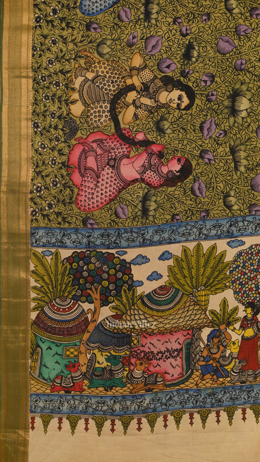 Multicolour Hand-Painted Kanjivaram Silk Kalamkari Saree 