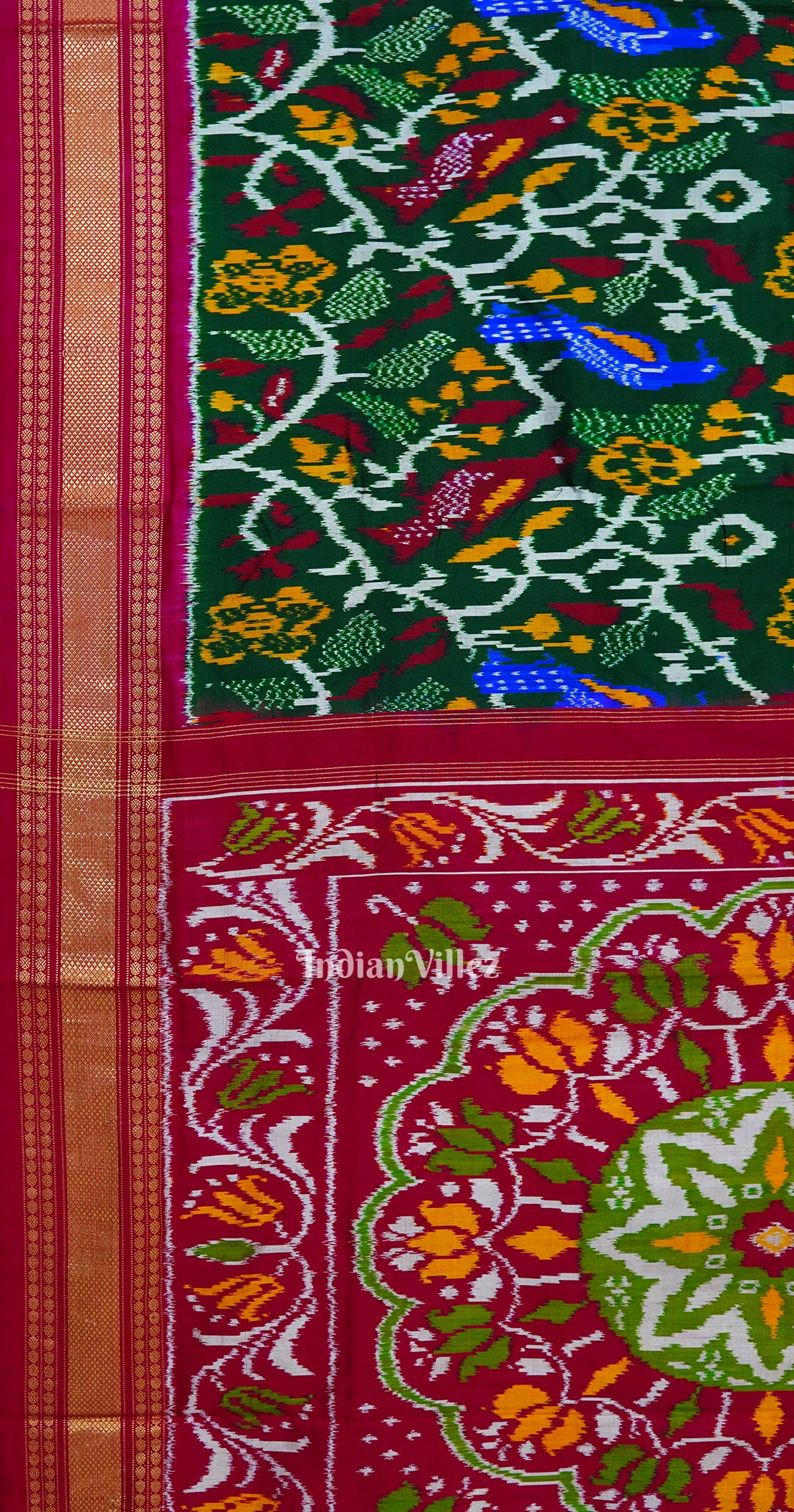 Green Floral With Bird Design Pochampally Ikat Handloom Silk Saree