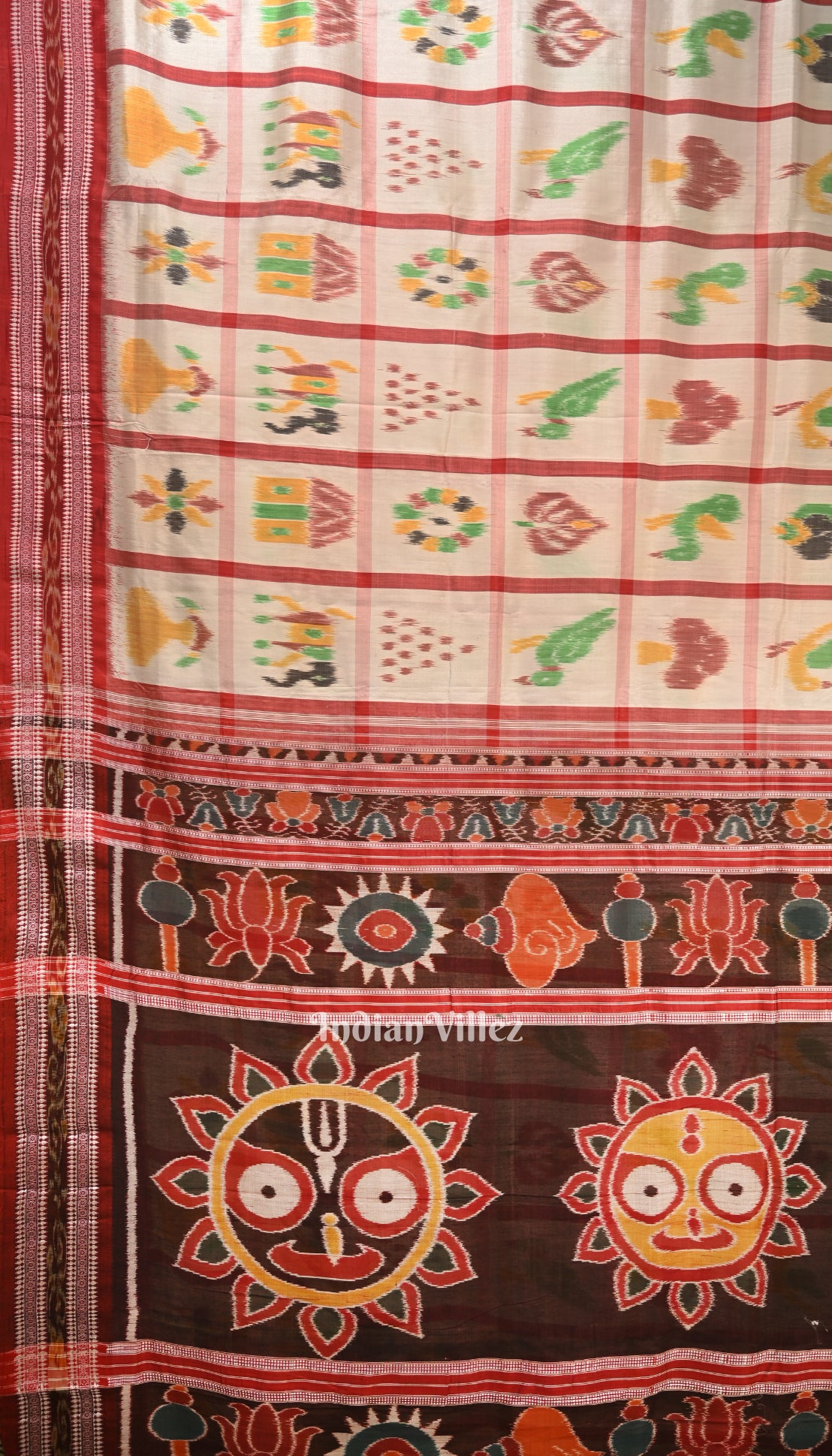 White Nabakothi Jagannath Theme Odisha Ikat Khandua Silk Saree