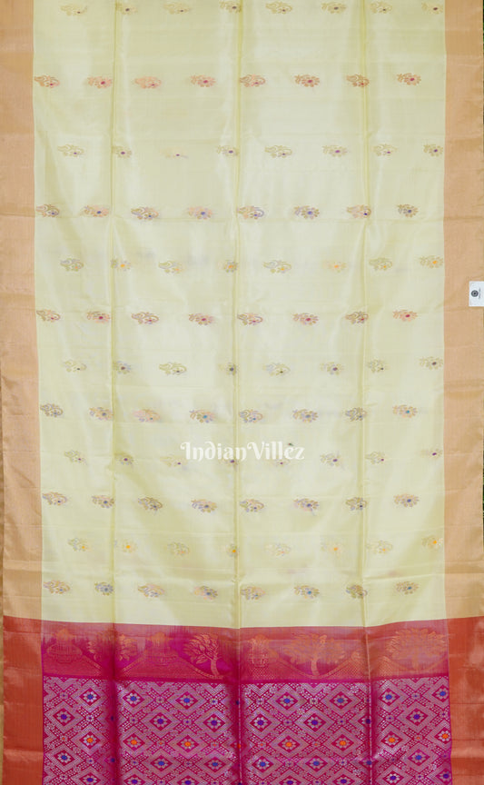 Cream With Pink Flower Motif Handwoven South Soft Silk Saree