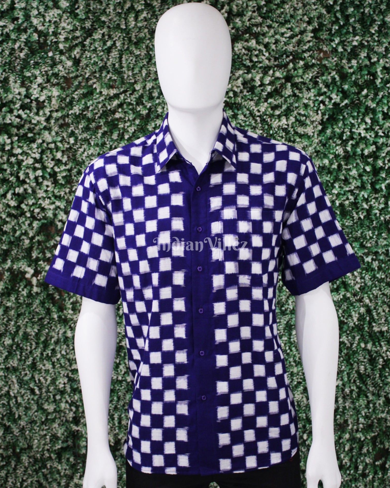 Blue White Odisha Ikat Cotton Half Sleeve Shirt for Men 