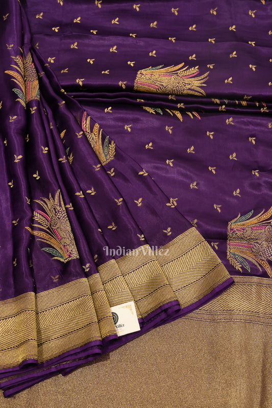 Violet  with Golden Border Banarasi Mashru Silk Saree