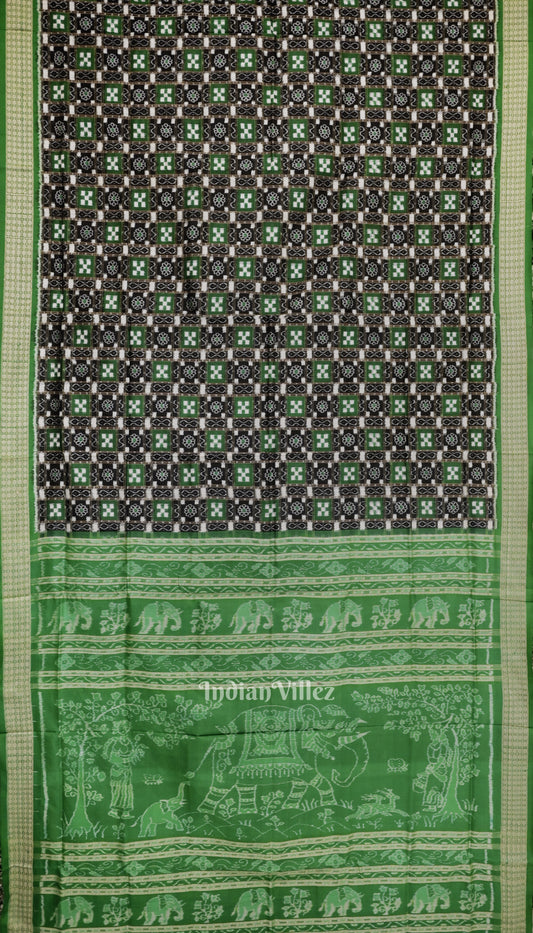 Black Green Odisha Ikat Pasapali Motif Sambalpuri Silk Saree