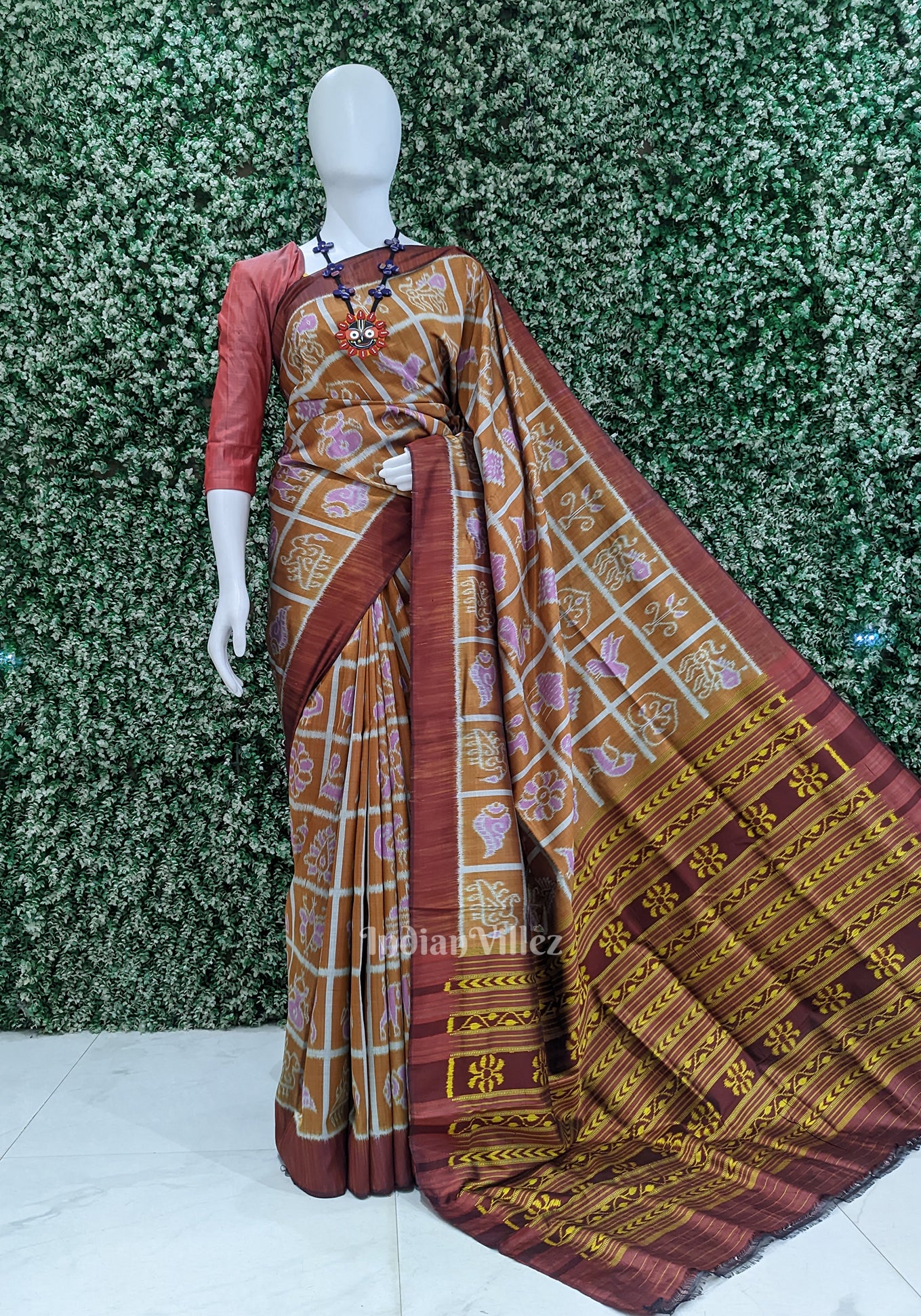 Mustard Yellow with Maroon Nabakothi Theme Contemporary Silk Saree