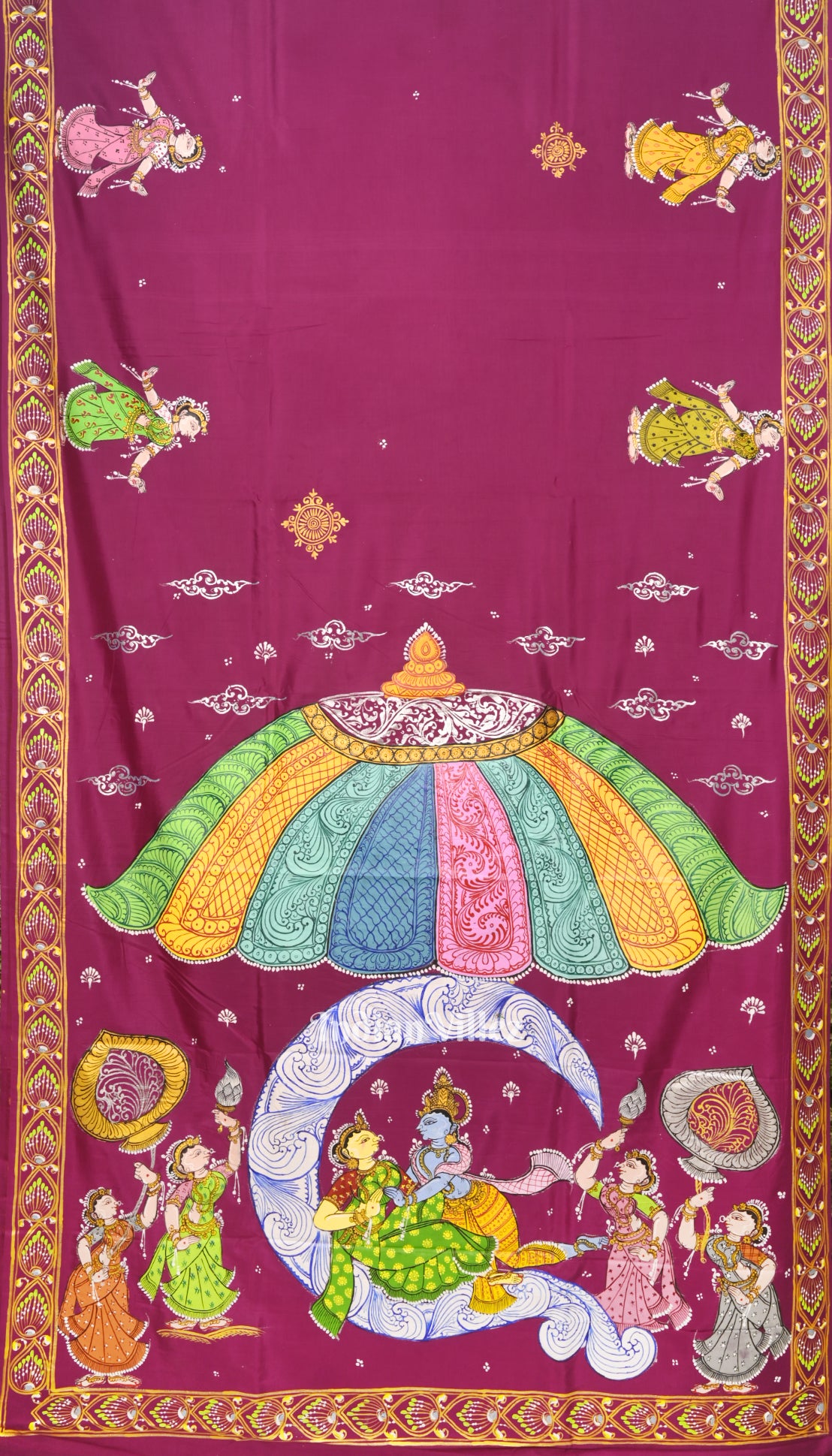 Maroon Ardha Chandra Krishna Rasa Leela Hand-Painted Pattachitra Saree