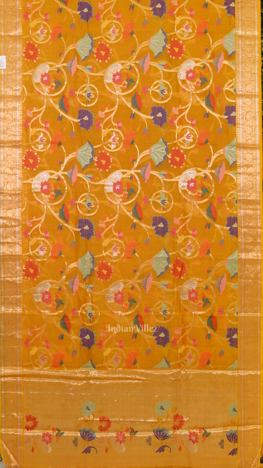 Yellow Pure Jamdani Banarasi Kota Saree