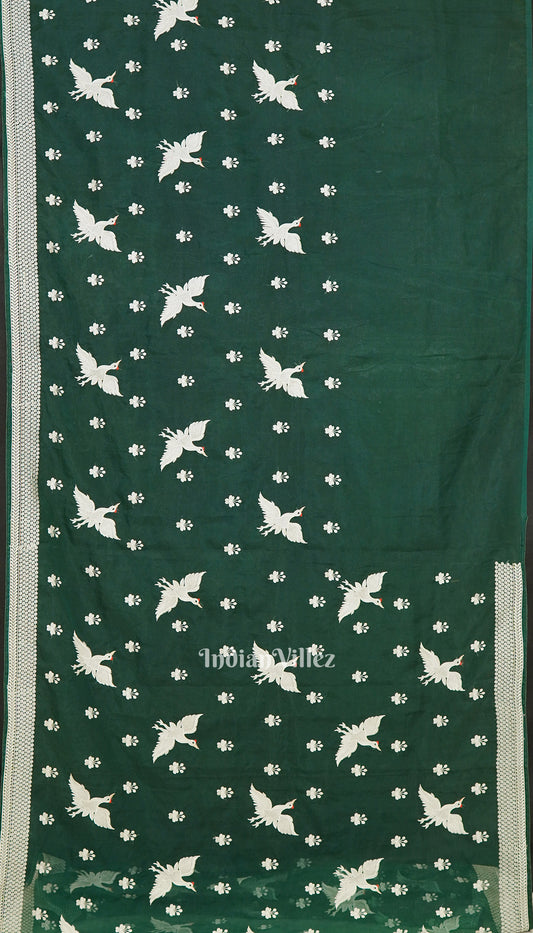 Green Parsi Gara Floral Motif Hand Embroidered Saree