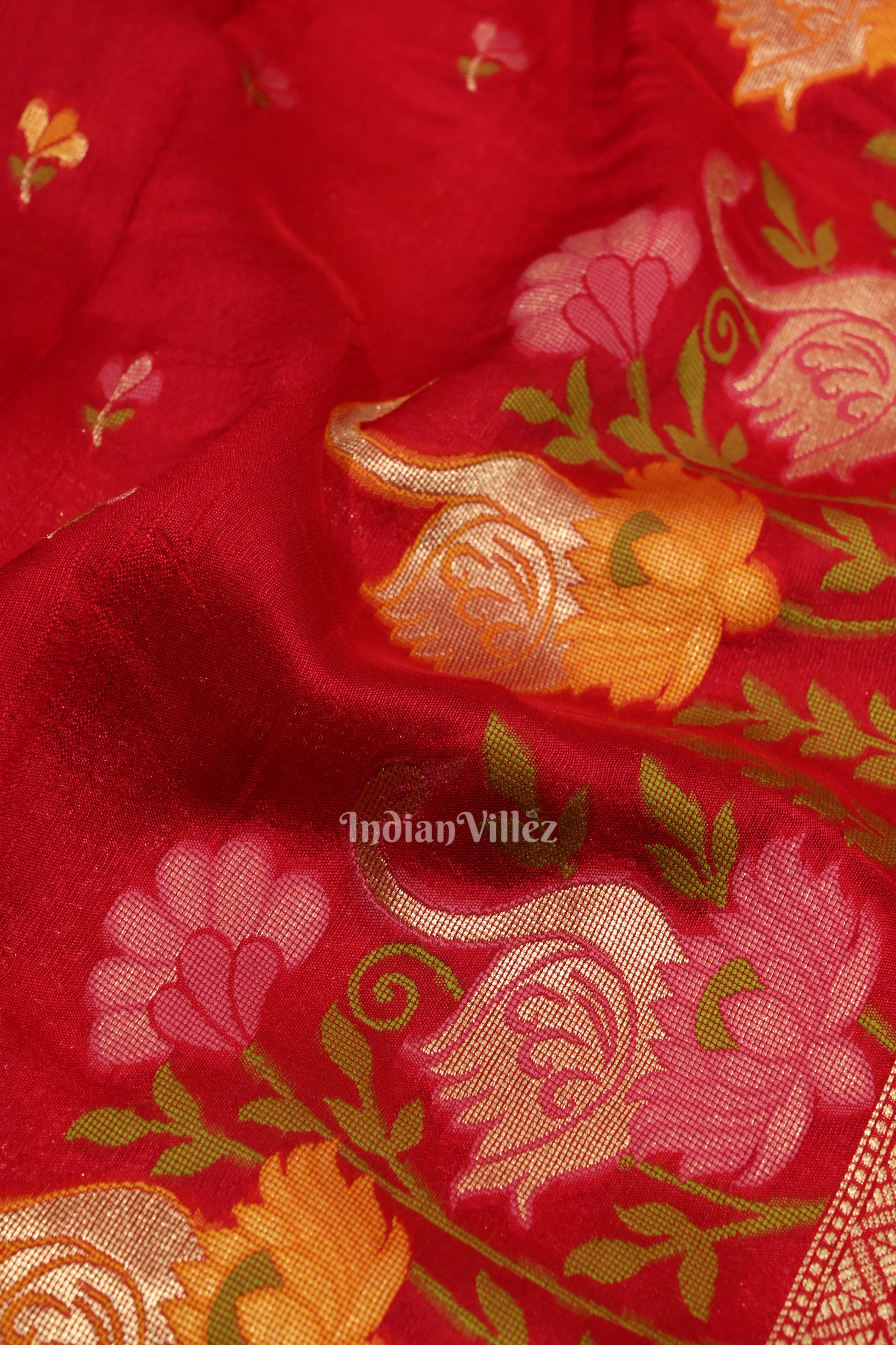  Blood Red Floral Motif Designer Katan Banarasi Silk Saree 