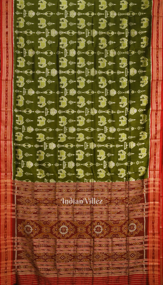 Green Elephant Theme Odisha Ikat Khandua Silk Saree