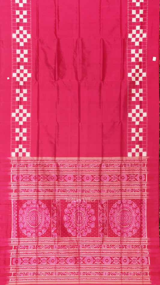 Rani Pink White Odisha Ikat Border Pasapali Sambalpuri Silk Saree