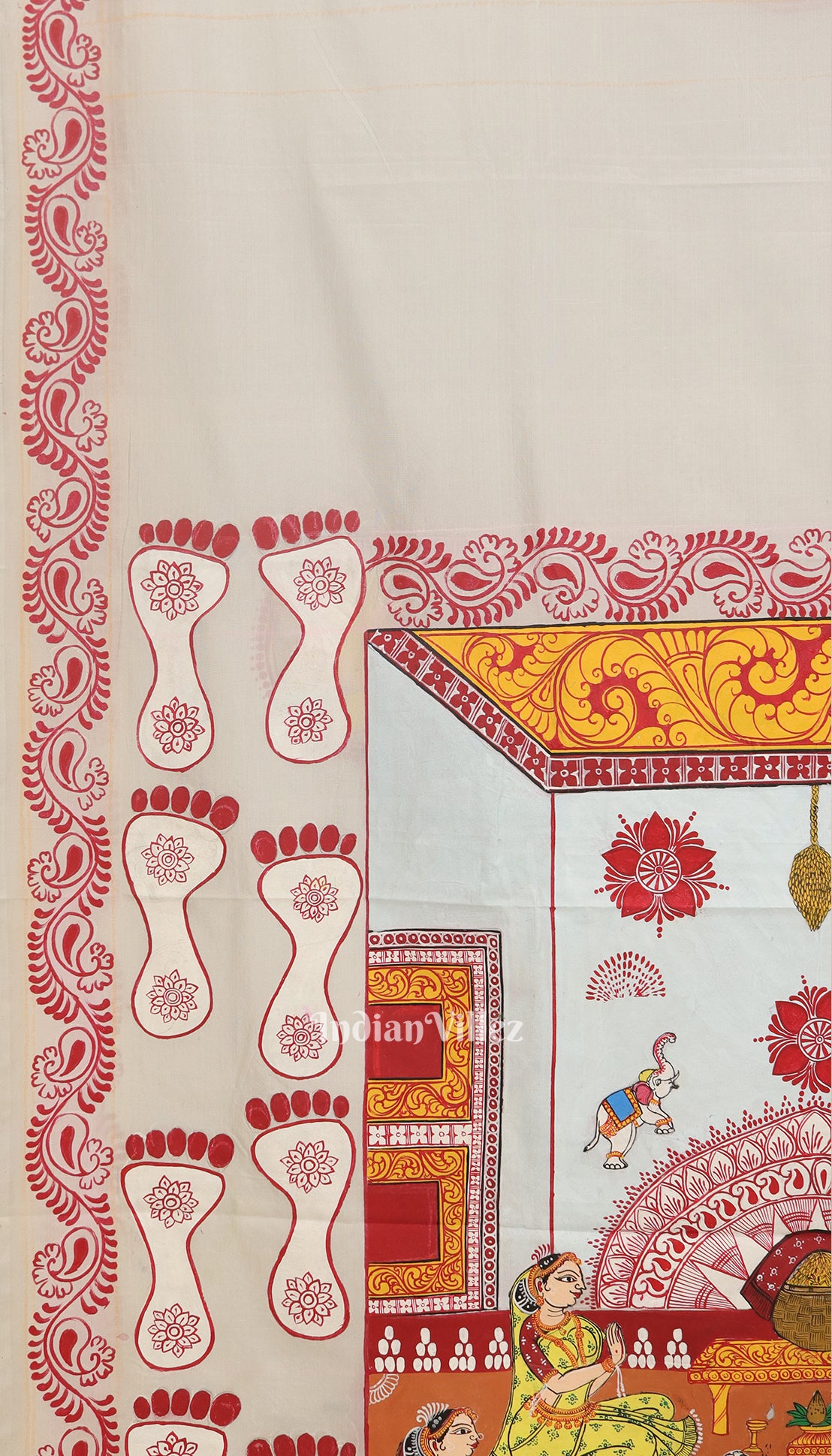 White Laxmi Puja Theme Pattachitra Silk Saree