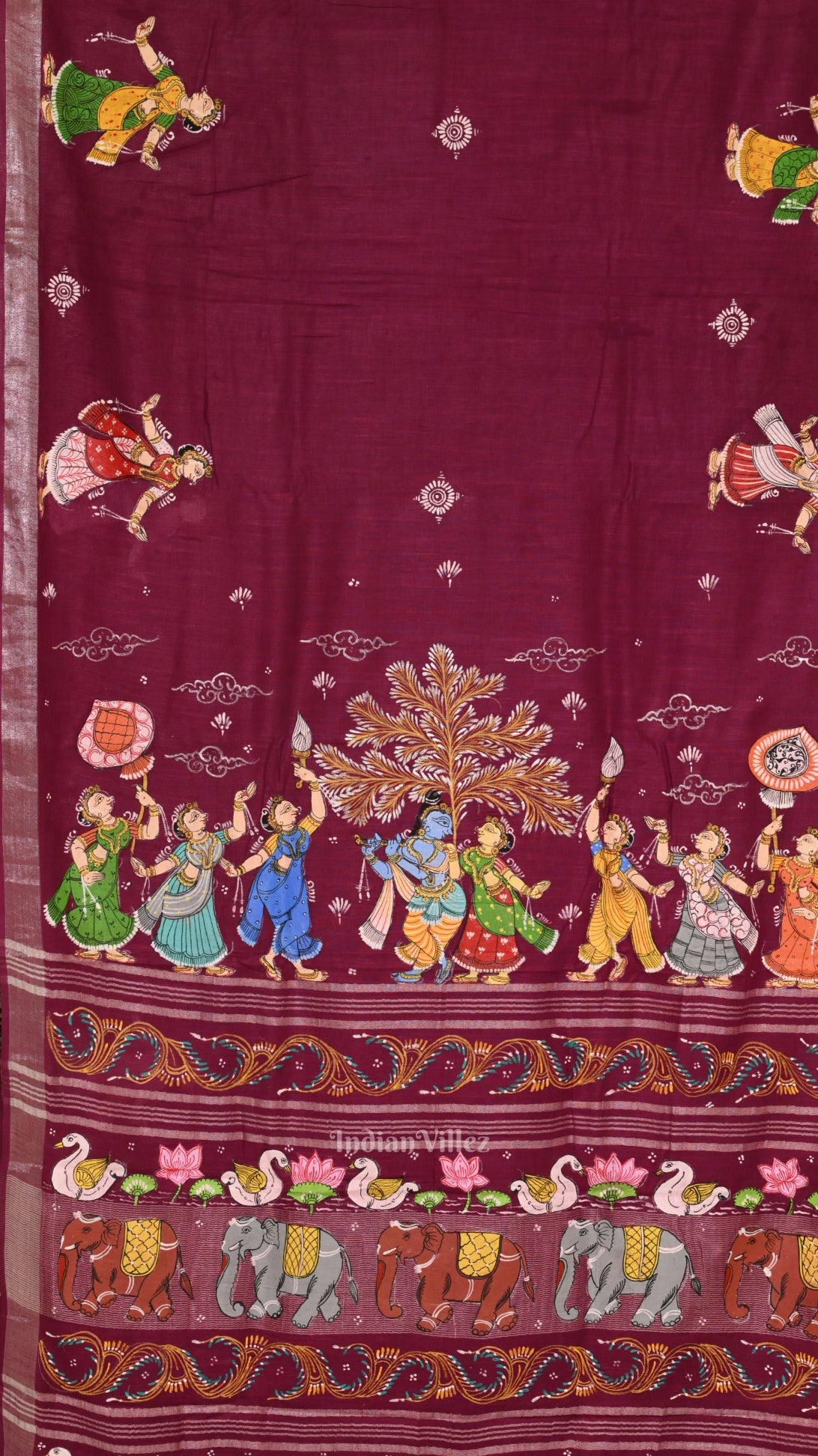 Wine Radha Krishna Hand-Painted Pattachitra Saree