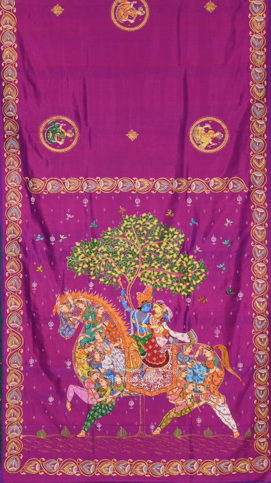 Purple Radha Krishna Theme Hand-Painted Pattachitra Saree 