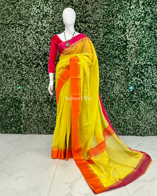 Yellow Maheshwari Handloom Cotton*Silk Saree