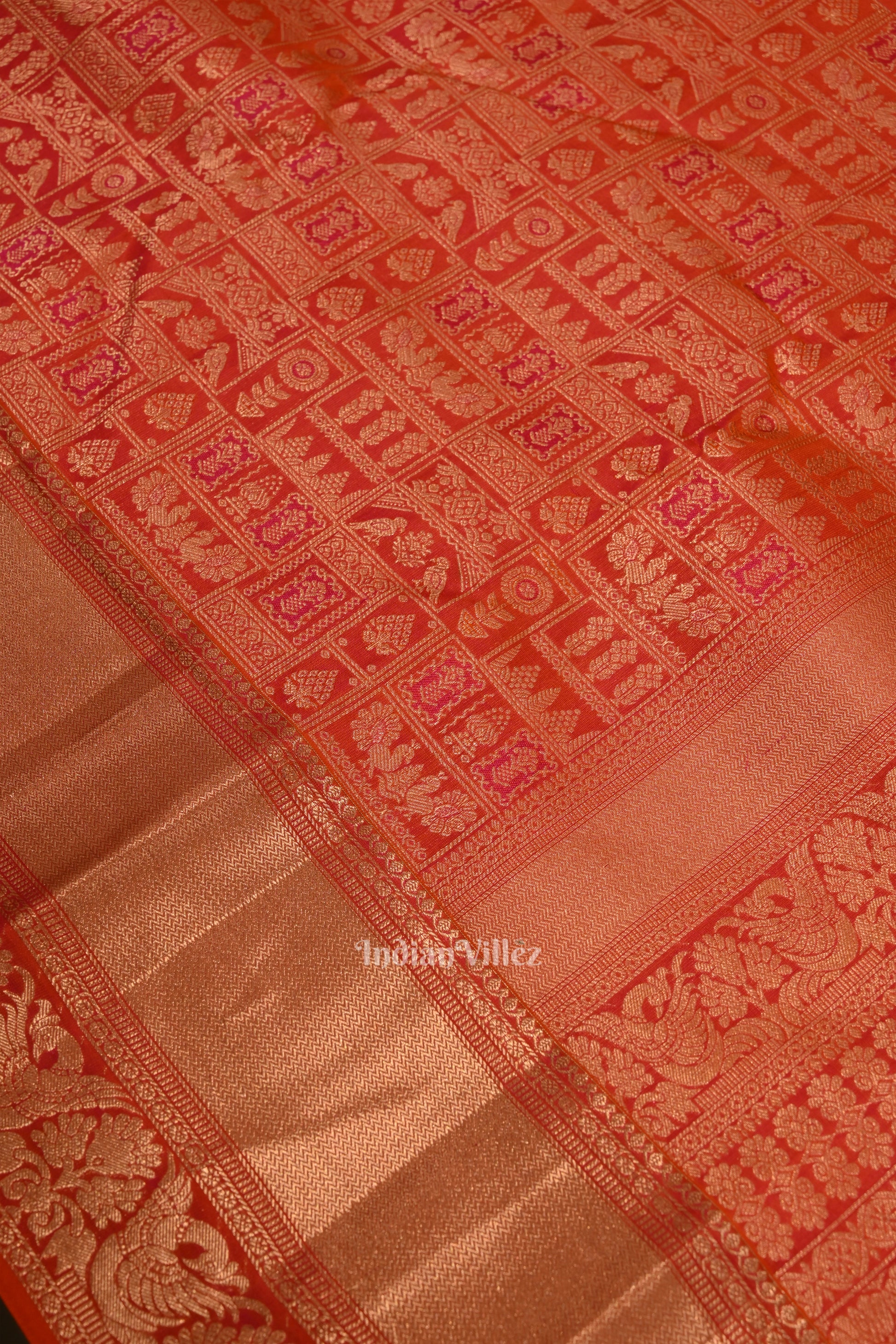 Orange Pink Dual Tone Pure Kanjivaram Silk Saree