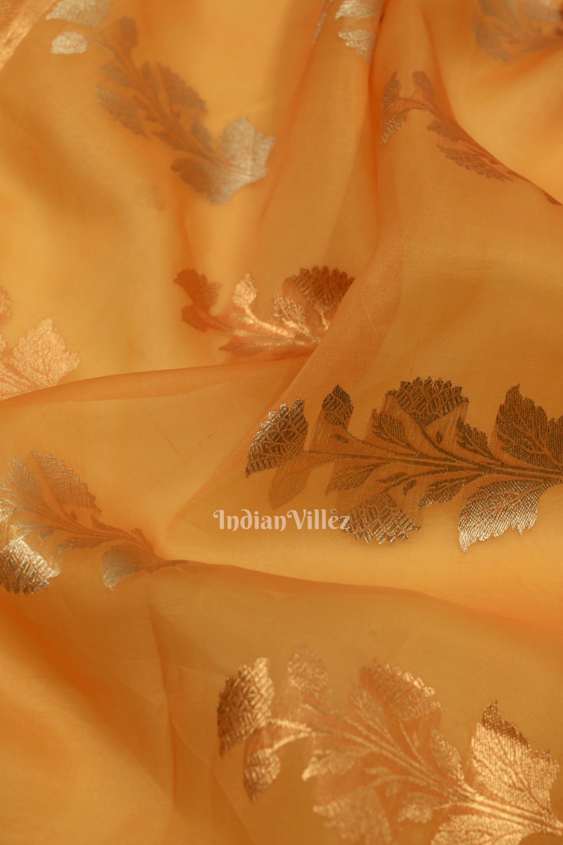 Lemon Yellow Pure Kora Banarasi Tissue Saree With Floral Handwork