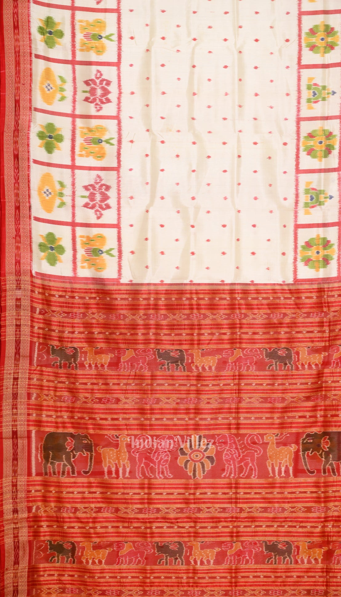 White Red Animal Theme Odisha Handloom Khandua Silk Saree