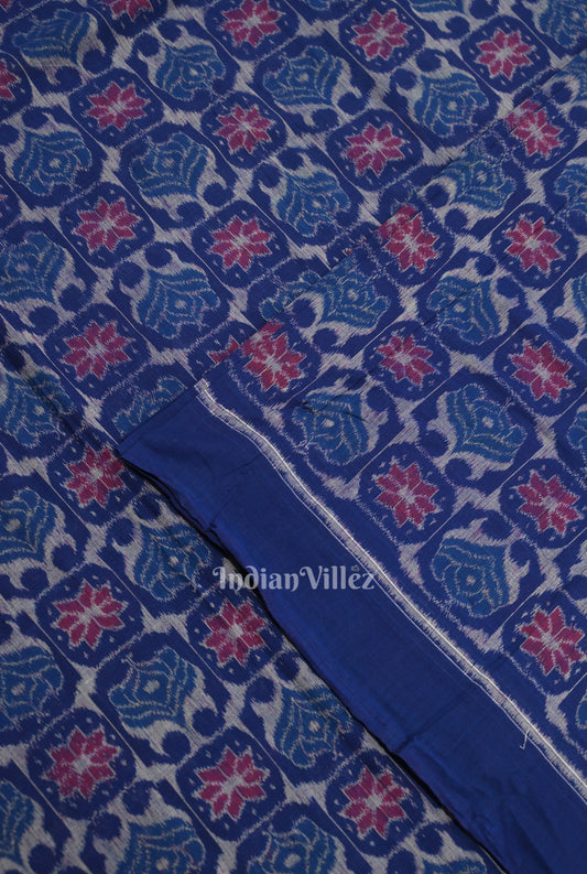 Royal Blue Flourish Pattern Sambalpuri Ikat Cotton Fabric 