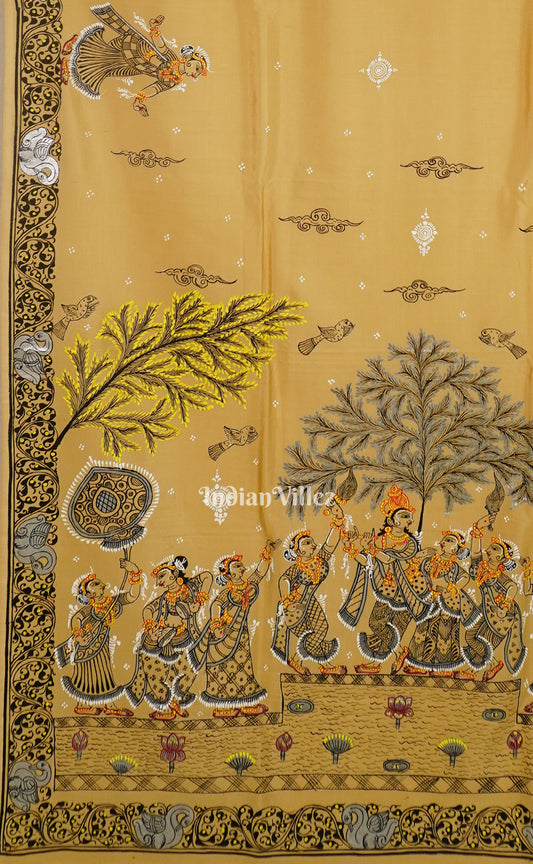 Honey Gold Radha Krishna Rasleela Pattachitra Khadi Silk Saree