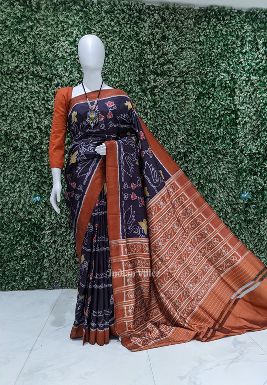 Midnight Blue Floral Contemporary Designer Ikat Silk Saree