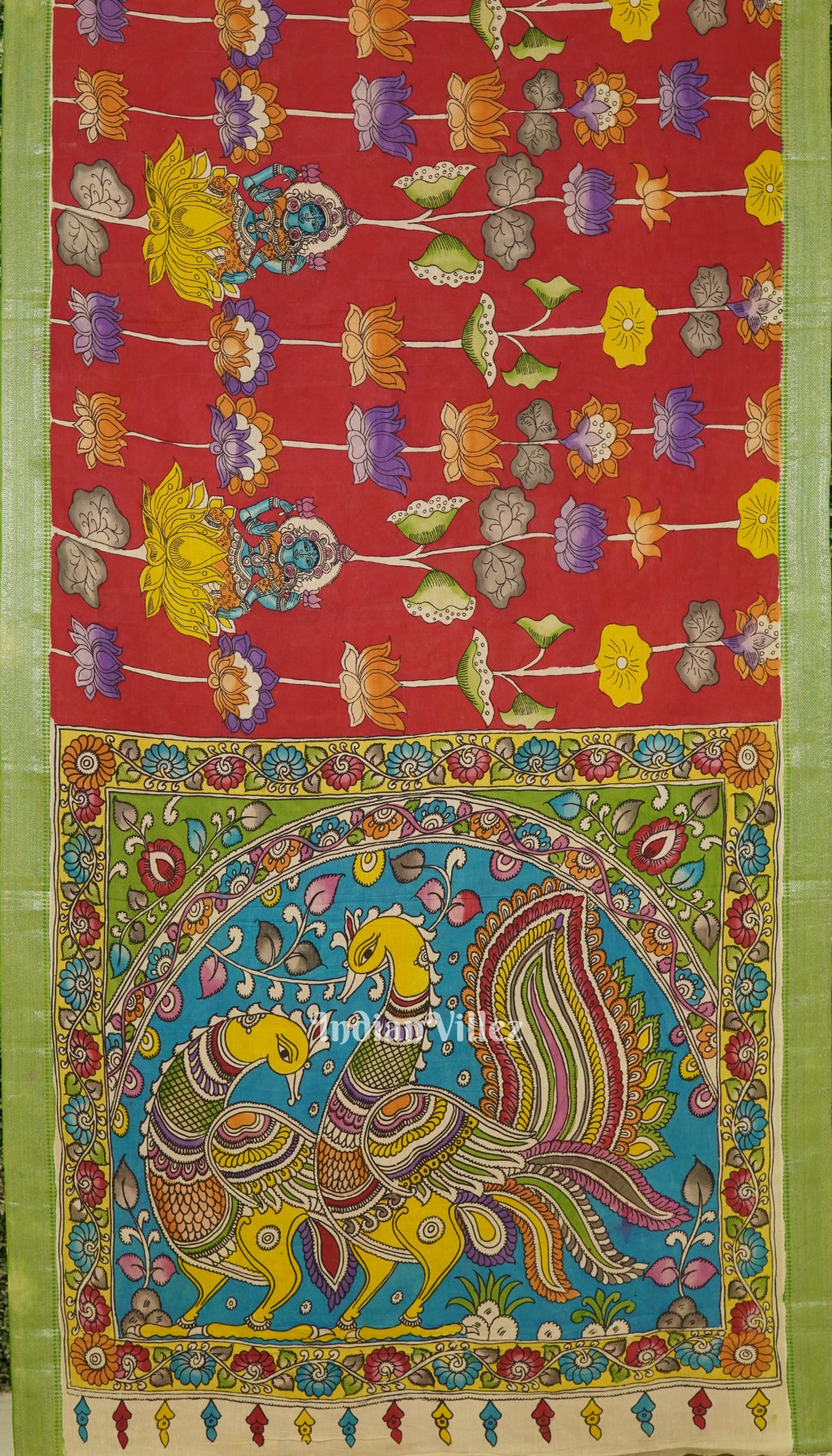 Red With Peacock Anchal Hand-Painted Kanjivaram Silk Kalamkari Saree