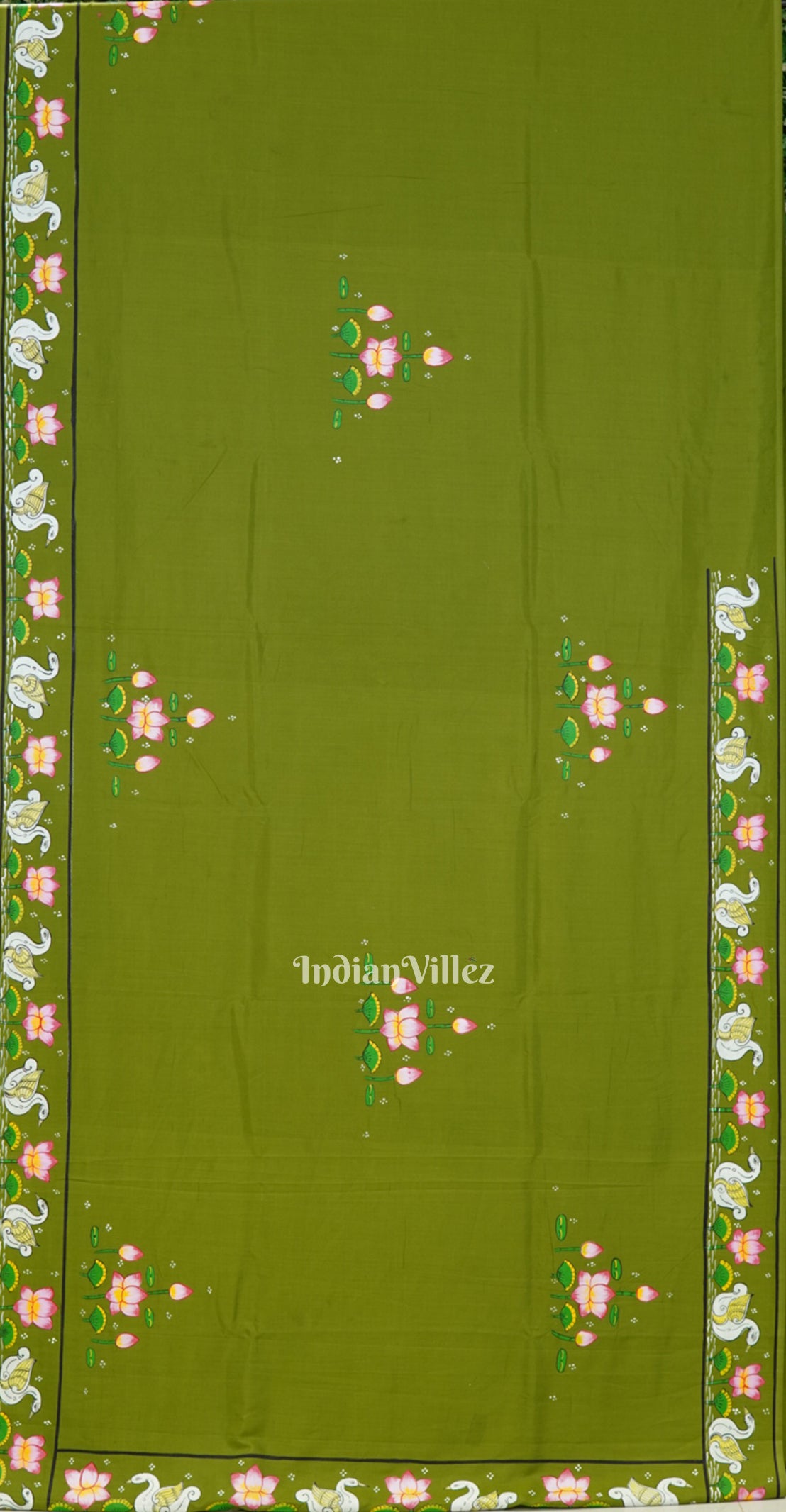 Mehndi Green Krishna Rasa Leela & Lotus Theme Pattachitra Silk Saree