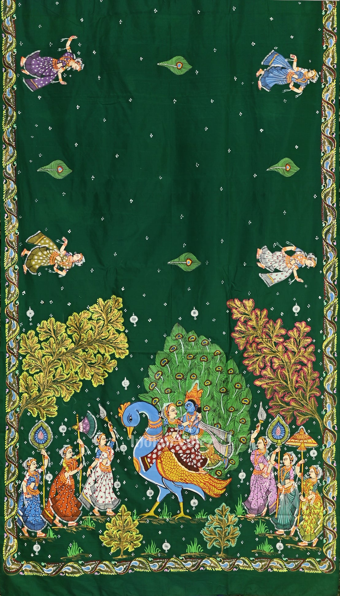 Green with Krishna Radha Theme Hand-Painted Pattachitra Saree